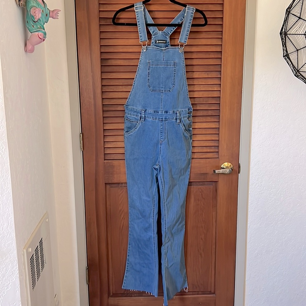 Rubberband Stretch Blue Denim Overalls Flared Leg Distressed Hem